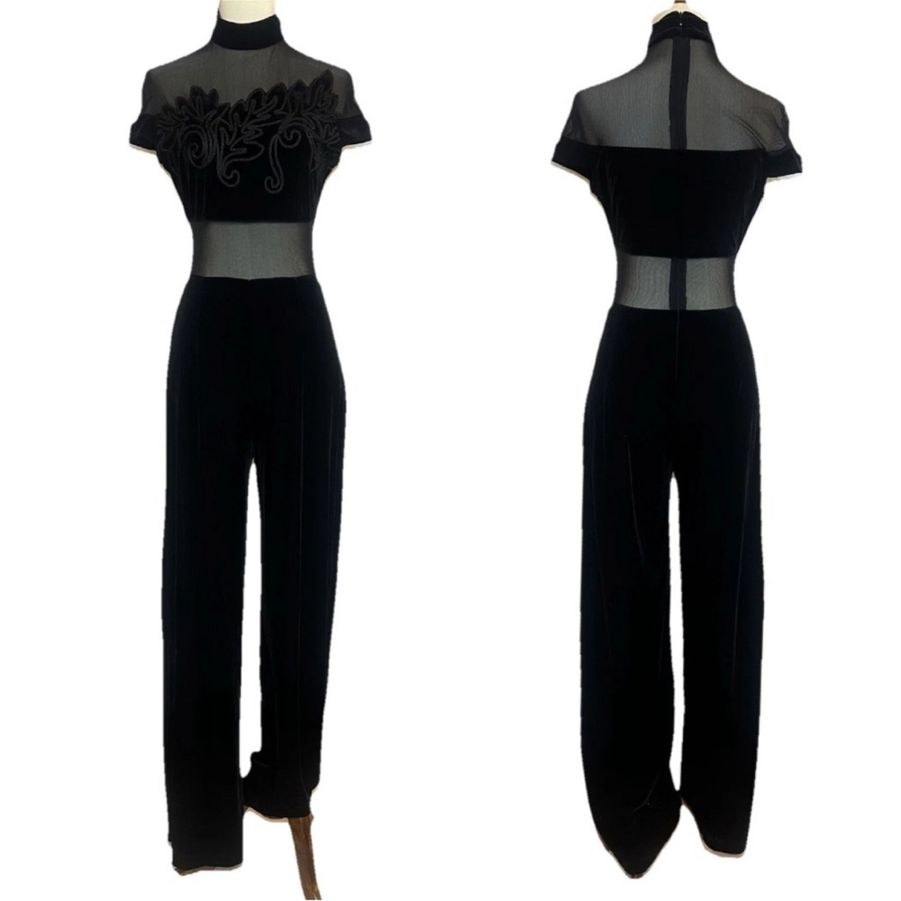 Vintage Cache Black Velvet Velour Jumpsuit Sheer Mesh Accent Y2K Size 8 (Fits 4)